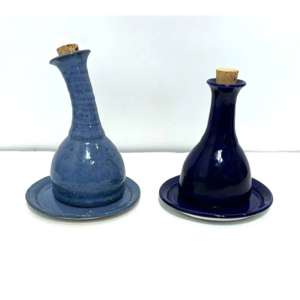 Kazooti Clay Studios Oil Vinegar Cruet Bottle Set With Corks & Matching Plates